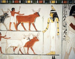 Hyrder og kvæg foran gudinden Imentet, fresko, sydvæg, langsgående kammer, den thebanske grav TT69, Sheikh Abd el-Qurna, Theben (Unescos verdensarvsliste) af Egyptian 18th Dynasty