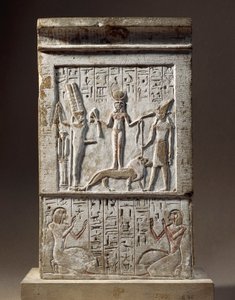 Syrien, Kadesh, stele tilbudt af Huy, håndværker i Kongernes Dal: donor, der tilbeder gudinden Kadesh og guden Rechep af Egyptian 18th Dynasty