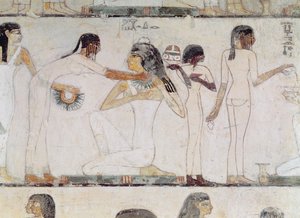 Adelskvindernes toilet, fra Rekhmires grav, vesir af Tuthmosis III og Amenhotep II, New Kingdom (vægmaleri)