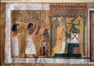 Den afdøde Kha og hans hustru Merit tilbeder Osiris, herre over livet efter døden - Papyrus fra De Dødes Bog, fra arkitekten Khas gravkammer af Egyptian 18th Dynasty
