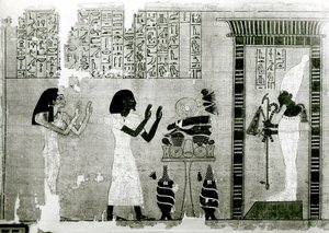 Den afdøde, ledsaget af sin søster, går for at hylde Osiris, detaljer fra Book of the Dead, New Kingdom (papyrus)