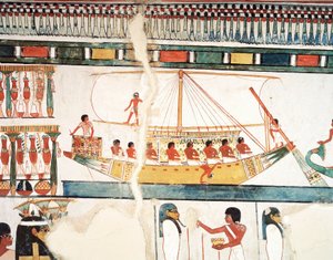 Solskibet, detaljer om pilgrimsrejsen til Abydos, fresco, nordvæg, lang spisestue, Theban Tomb TT69, Sheikh Abd el-Qurna, Theben (Unescos verdensarvsliste af Egyptian 18th Dynasty