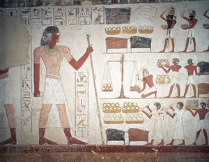 Vejningen af kobber, freskomaleri, Brugerhats grav, vejleder og skriver under Amenhotep II