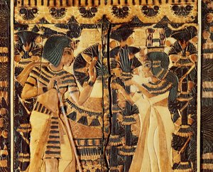 Toppanel fra en kasse, fra Tutankhamons grav, New Kingdom (træ, bronze, elfenben og farvet glasur) af Egyptian 18th Dynasty