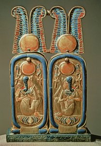 Uguent æske i form af en dobbelt kongelig kartouche, fra Tutankhamons grav (ca. 1370-52 f.Kr.) New Kingdom (forgyldt træ indlagt med glaspasta)