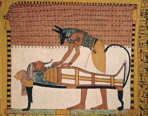 Anubis går til Sennedjems Mummy, fra Sennedjems grav, The Workers Village, New Kingdom (vægmaleri) (se også 67892)