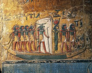 Egypti, Luxor, Muinainen Thebes, Kuninkaiden laakso, Seti I:n hauta, freskot, jotka kuvaavat aurinkovenettä oinaanpäisen jumalan kanssa af Egyptian 19th Dynasty