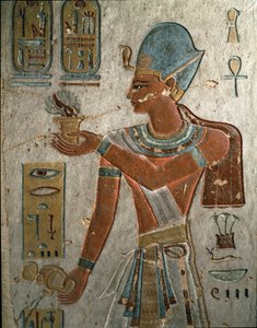 Egyptisk antikvitet: Farao Ramses I (1320-1310 f.Kr.) repræsenterer afbrænding af røgelse og hældning af vand ved en ceremoni. Bind af Ramses I, Kongernes Dal, Egypten af Egyptian 19th Dynasty