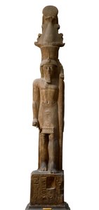 Egyptisk antikvitet: statue af farao Sethi II (Seti eller Sety) (1200-1194 f.Kr.) af det 19. dynasti i pink gres, den bærer et scepter med symbolet på guden Amon, Dim. 465 cm. Egyptisk Museum i Torino. af Egyptian 19th Dynasty