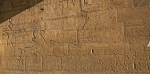 Egyptian antiquite: view of the reliefs celebrating the feats of RamSes II during the Battle of Kadesh in 1274 BC, Funeral Temple dedicated to Pharaoh Ramses II dani af Egyptian 19th Dynasty