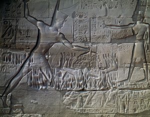 Libyske fanger, relief, ydervæg af den store hypostylehal, Amon-templet, Karnak-tempelkomplekset (Unescos verdensarvsliste) af Egyptian 19th Dynasty