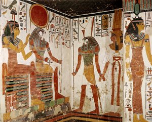 Nefertari bliver bragt for guden Re-Horakhty af Horus, fra Nefertaris grav, New Kingdom (vægmaleri)