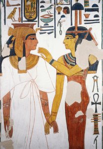 Nefertari møder gudinden Isis, fresko, nordvendt facade af den fjerde søjle, gravkammer, Nefertaris grav (QV66), Queens Valley, Theben (Unescos verdensarvsliste af Egyptian 19th Dynasty