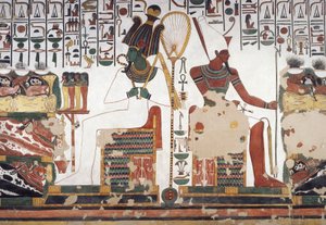 Osiris og Atum, fresco, østvæg, østsidekammer, Nefertaris grav (QV66), Queens Valley, Theben (Unescos verdensarvsliste af Egyptian 19th Dynasty