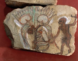 Ostrakon forestillende en abe, der plukker dadler, iagttaget af en ung mand fra Egypten, Vest-Theben, Deir el-Medina af Egyptian 19th Dynasty