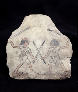 Ostrakon skildrer to mænd, der kæmper med pinde, fra Deir El-Medina, New Kingdom (malet sten)