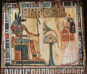 Bemalet trææske, der forestiller en afdød og guden Anubi, til shabtis af Tamutnofret af Egyptian 19th Dynasty
