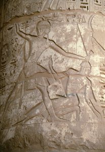 Ramses holder sine asiatiske fjender i håret, mens han forbereder sig på at dræbe dem, relief, Seti I