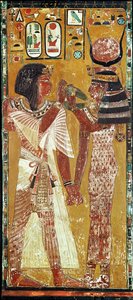 Relief, der viser gudinden Hathor, der placerer den magiske krave på Seti I (ca. 1394-1279 f.Kr.) New Kingdom (malet kalksten)