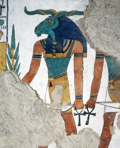Budbringeren med et vædderhoved, tredje dør til Kongeriget Osiris, kapitel 144 i De dødes Bog, fresko, gravkammer, Nefertaris grav (QV66), Queens Valley, Theben. Egyptisk civilisation, New Kingdom, Dynasti XIX. af Egyptian 19th Dynasty