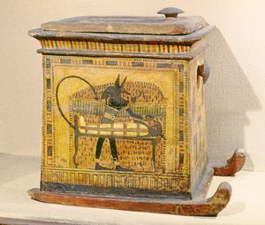 Anubis mumificerer den afdøde, fra en kiste dedikeret til Nefertari, New Kingdom (træ)