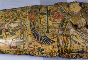 Detalje af det ydre kistelåg af mumien af Nesyamun, muligvis fundet i Deir El-Bahri, New Kingdom, ca. 1100 f.Kr. (malet træ) af Egyptian 20th Dynasty