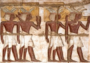 Egyptisk antikvitet: første domstol, detalje af malede relieffer, der repræsenterer en gruppe nubiere, der bringer ofre til faraoen. Ramses III