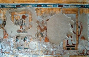 Egyptian antiquite: representation of Shuroy and his wife worshiping the god Thot and the goddess Ra. Painting of the Tomb of Shuroydani af Egyptian 20th Dynasty
