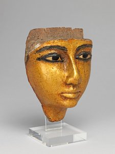 Ansigt fra en kiste, med øjne og øjenbryn indlagt, forgyldt af Egyptian 20th Dynasty