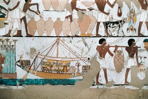 Vægmaleri, der viser scenen for transport af vin på båd, fra New Kingdom af Egyptian 20th Dynasty