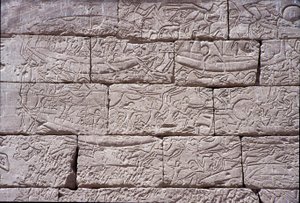 Havfolket, søslaget ved Ramses III, Medinet Habu, sten fra 1195-64 f.Kr.