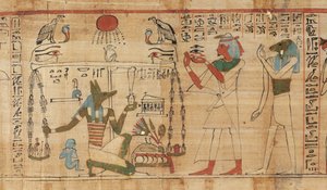 Detalje fra de dødes bog af præsten Aha-Mer, der viser Anubis, der vejer den afdødes hjerte mod sandhedens fjer (papyrus)
