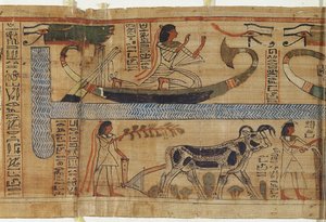 Detalje fra præsten Aha-Mers dødebog, der skildrer en bark og en landbrugsscene, tredje mellemperiode (papyrus)