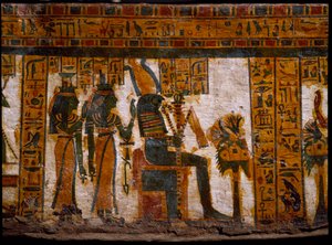 Ægyptisk antikvitet: de guddommelige Isis og Nephtys, der tilbeder Osiris. De har livets nøgler i form af et kors ansee (Ankh). Dekoration af den antropoide sarkofag af skriveren Butehamon, 21. dynasti (1085-935 f.Kr.). Egyptens museum i Torino (Tori af Egyptian 21st Dynasty