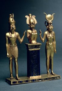 Triade af Osorkon II: Osiris flankeret af Isis og Horus, tredje mellemperiode, ca. 874-850 f.Kr. (guld & lapis lazuli)