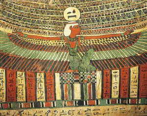 Pudset og malet træ, der forestiller gudinden, der beskytter en falsk dør, der fører til livet efter døden, fra Sarkofagen fra Tashakheper, Theben af Egyptian 26th Dynasty