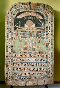 Gudinden Udjarenes, der tilbeder solen, til venstre guden Ra-Horakhty, til højre guden Aton, malede træ. Egyptisk civilisation, sen periode, dynasti XXVI.