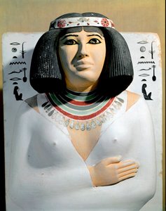 Egyptisk oldtid: Nofret, hustru til ypperstepræsten i Heliopolis og prins af Pe Rahotep. Malet kalkstensskulpturdetalje. 4. dynasti. Fra Rahoteps mastaba til Meidoum. Egyptisk Museum, Kairo.