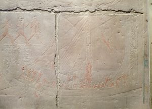 Relief, der viser en bådrejse, fra Mastaba i Akhethotep, Det gamle kongerige, ca. 2400 f.Kr. (malet kalksten)