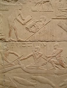 Relief, der viser en mand, der passer en nyfødt pattegrise og mænd i papyrusbåde, fra Mastaba i Kagemni, Det Gamle Kongerige (malet kalksten)