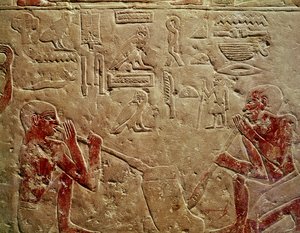 Relief forestillende glaspustere, fra Mastaba i Kaemrehu, Saqqara, Det Gamle Kongerige, ca. 2325 f.Kr. (malet kalksten)