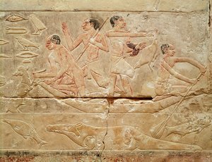 Relief af mænd i en båd, fra Prinsesse Iduts grav, Det Gamle Kongerige, ca. 2330 f.Kr. (malet kalksten)