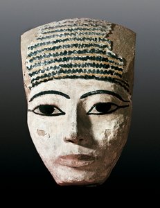 Det gamle Egypten: Portræt af en egyptisk sarkofag. 17.-12. århundrede af JC. Polykrom træudskæring. Monistrol of Montserrat, Montserrat Museum. af Egyptian Egyptian