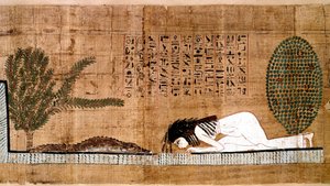 Egyptisk antikvitet: en nedlagt repræsentant, der tilbeder krokodillen, symbol på fecondite. Papyrus fra en dødebog. Kairo, Egyptisk Museum - Det gamle Egypten: en afdød, der tilbeder krokodillen, symbol på frugtbarhed. Papyrus af de dødes bog.