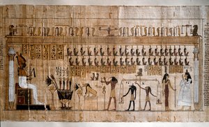 Egyptisk antikvitet: vejning af sjæle (psykostase). Papyrus af en dødebog. Torino, Egyptisk Museum - Det gamle Egypten: vejningen af sjælene (psykostasi). Papyrus fra de dødes bog. Egyptisk Museum, Torino, Italien