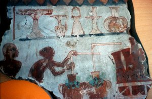 Fragment af et vægmaleri oprindeligt fra Theben, der forestiller to mandsfigurer i færd med at tilberede eller aftappe fødevarer i flydende form, 1540-1479 f.Kr. (vægmaleri) af Egyptian Egyptian