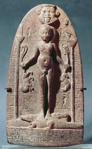 Cippus skildrer Horus som et barn, der står på krokodiller (lyserød granit)
