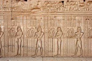 Egyptisk antikvitet: ofringer og hyldest til gudinden, Hathor-templet, Denderah, Egypten - Egyptisk civilisation: ofringer og hyldest til gudinden - figurer udskåret på væggen af Hathor-templet (eller Tentyra-templet) i Denderah, af Egyptian Ptolemaic Period