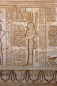 Egyptiske antikviteter: repræsentation af en ung kvinde, der bringer ofre som hyldest til gudinden, Hathors tempel, Dendera, Egypten af Egyptian Ptolemaic Period