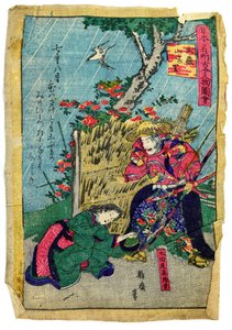 Militær kommandant Doukan Mochisuke Oota i den japanske Kerria Flower Village, ca. 1875 (farvelagt træsnit på japansk papir) af Eiichi Seisai